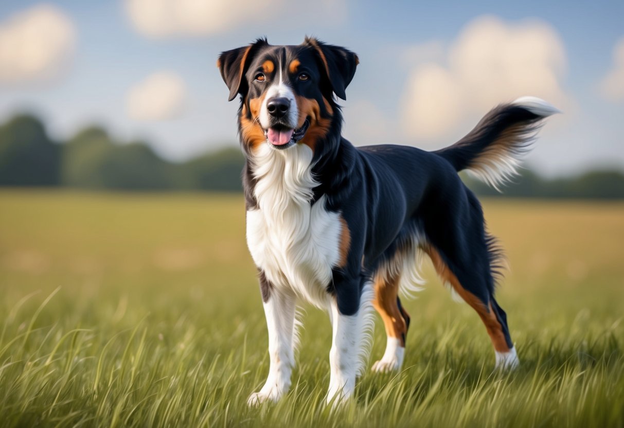 A Berger Picard dog standing alert in a grassy field, ears perked, with a confident and intelligent expression