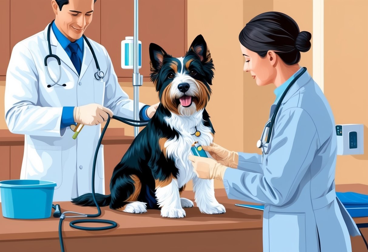 A Berger Picard dog receiving a thorough grooming and health check at a veterinary clinic