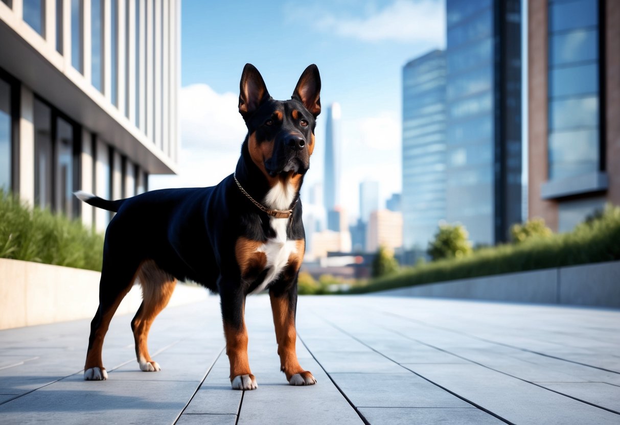 A Berger Picard dog standing in a modern urban setting, with tall buildings and cityscape in the background