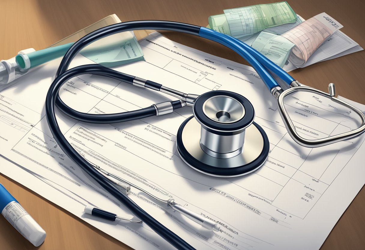 A stethoscope, wheelchair, and medication bottles on a table, with a medical report and a government document indicating "Disability Tax Credit" eligibility