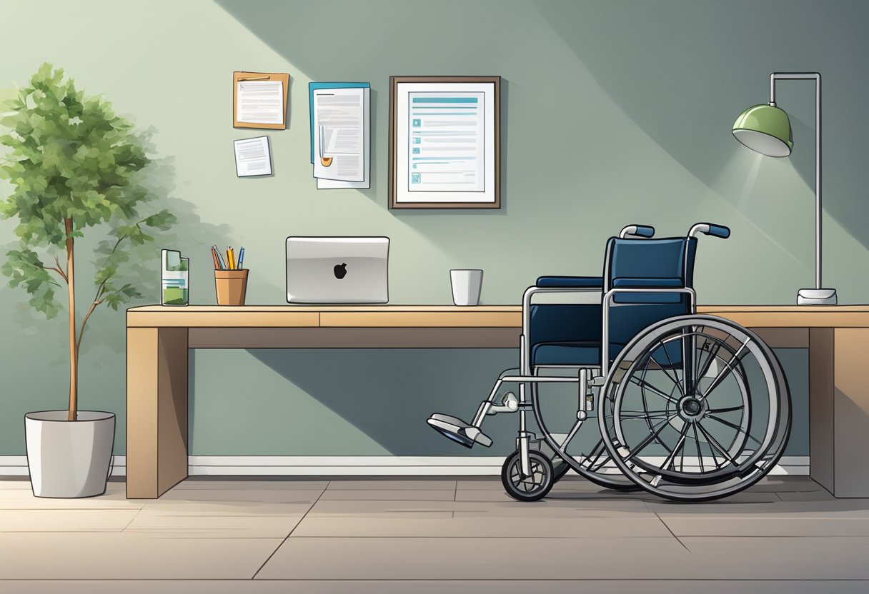 A wheelchair parked next to a desk with a computer and medical documents. A pair of crutches leaning against the wall