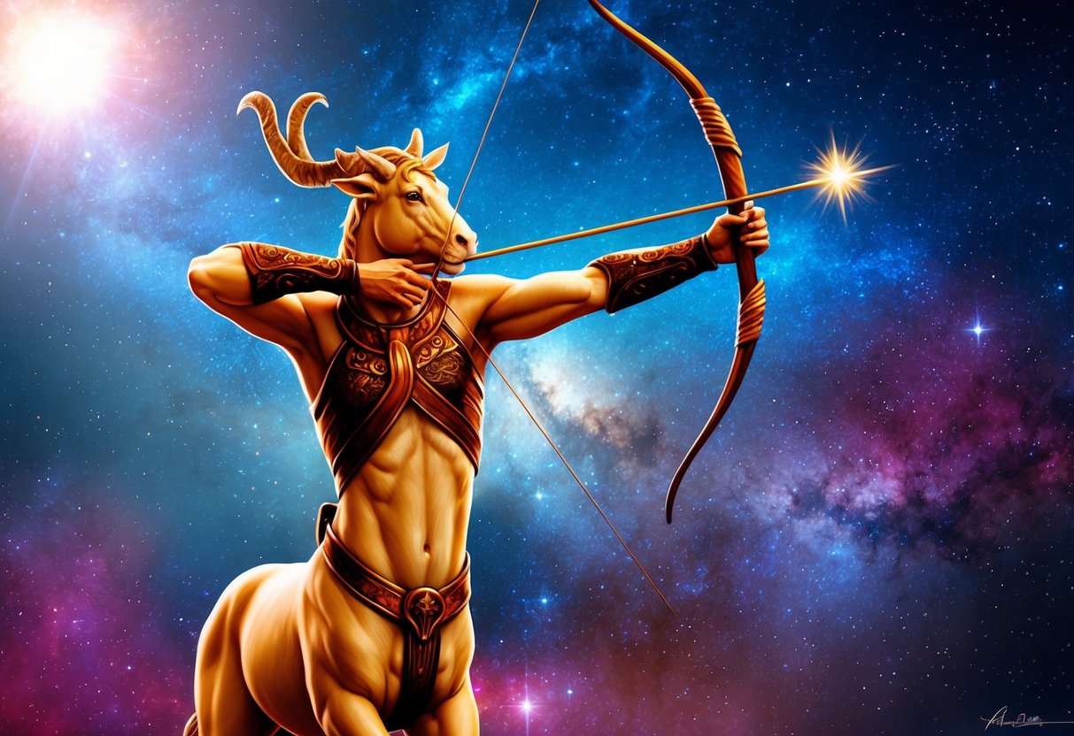 A centaur archer aiming at the stars amidst a cosmic backdrop