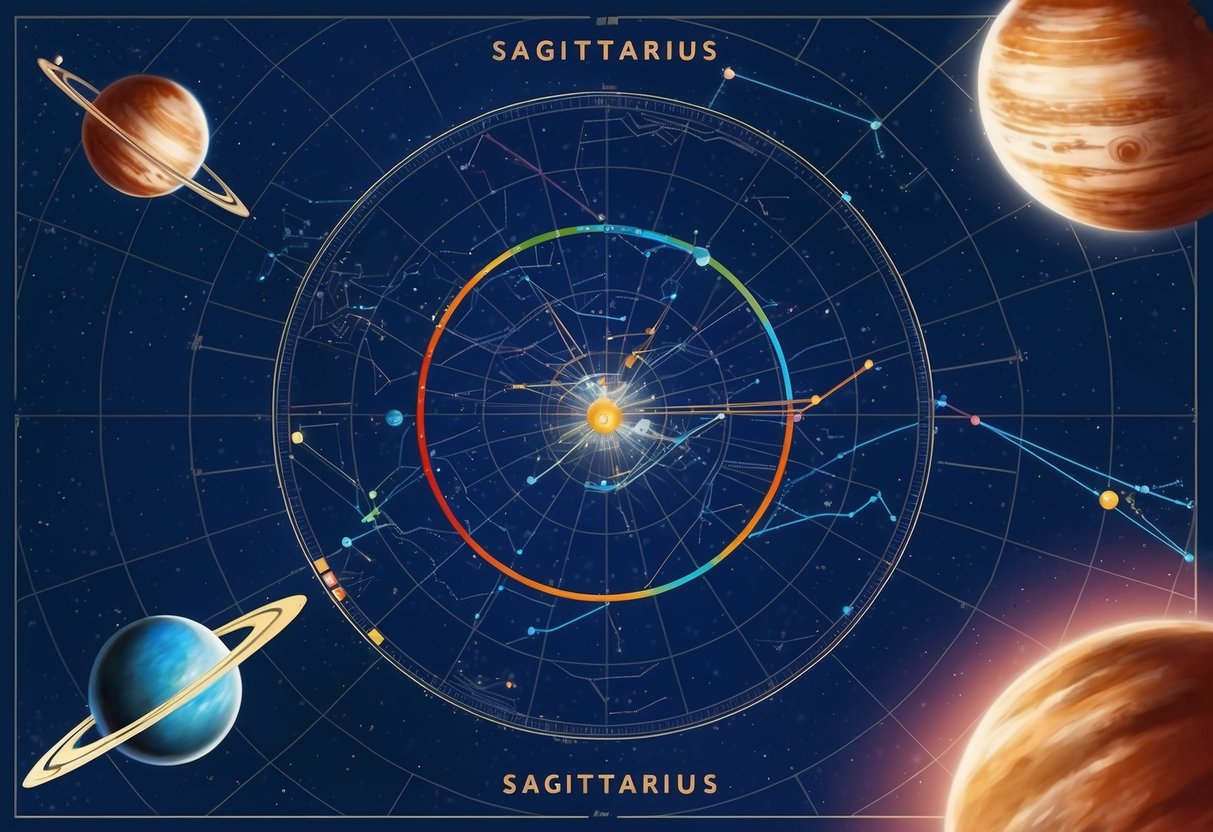 A celestial map with Sagittarius constellation and planetary paths