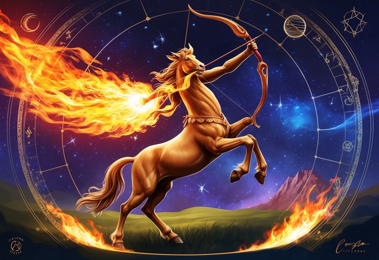 A centaur aiming a bow at the stars, surrounded by celestial symbols and a fiery, adventurous energy