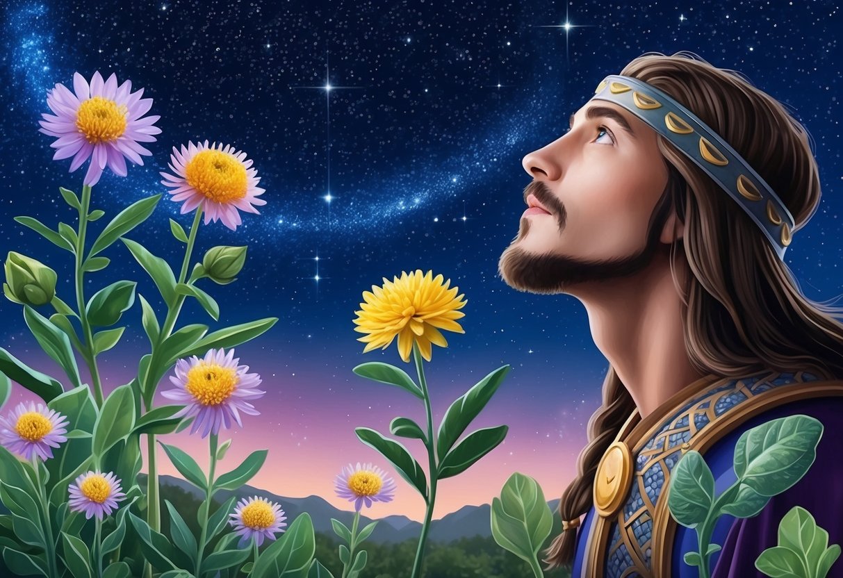 A sagittarius gazes up at a starry sky, surrounded by blooming plants and symbolic representations of personal growth and close relationships