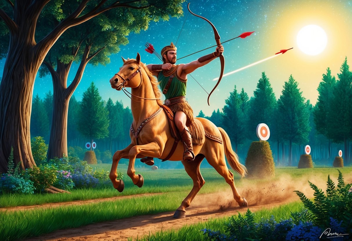 A centaur gallops through a vibrant forest, shooting arrows at distant targets under a bright, starry sky