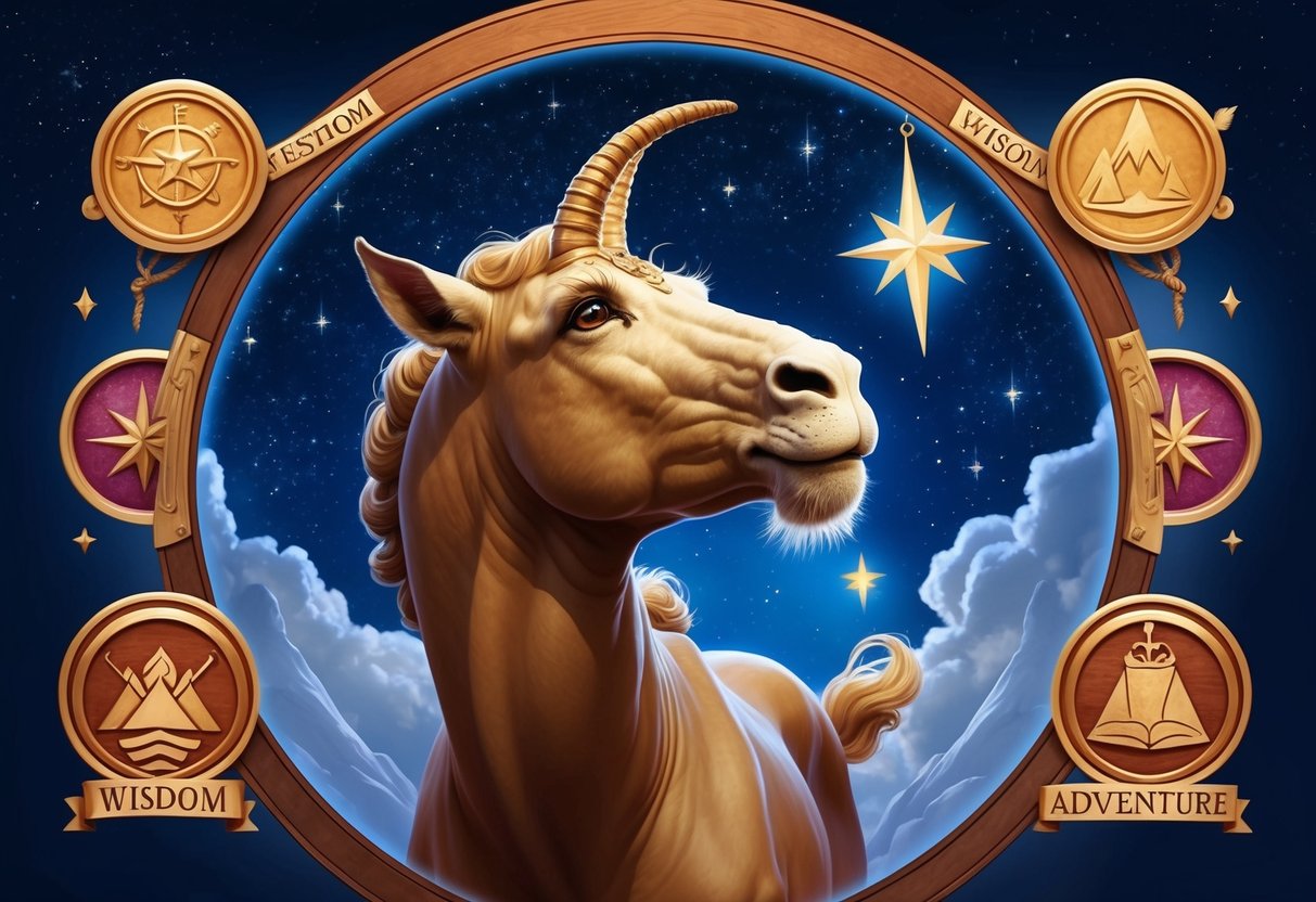 A centaur gazes at the stars, surrounded by symbols of wisdom and adventure