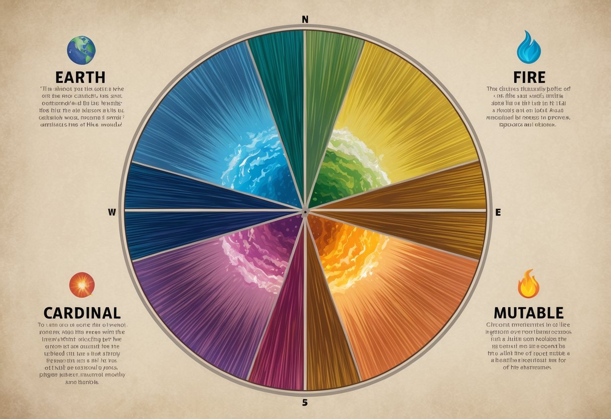 A circle divided into four sections, each representing one of the elements (earth, air, fire, water) and three modalities (cardinal, fixed, mutable)