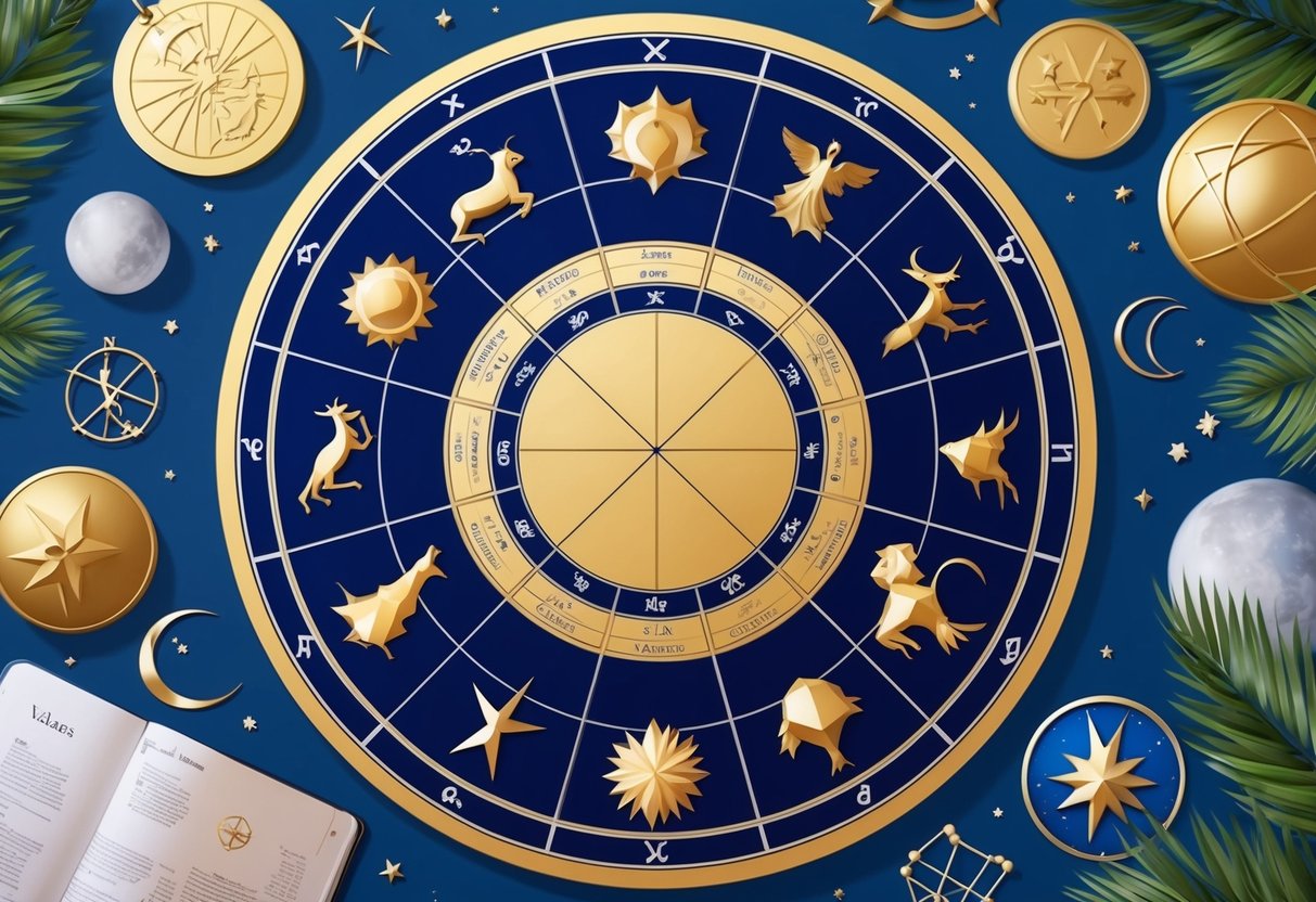 A circular chart with 12 sections, each representing a zodiac sign, surrounded by celestial symbols and elements