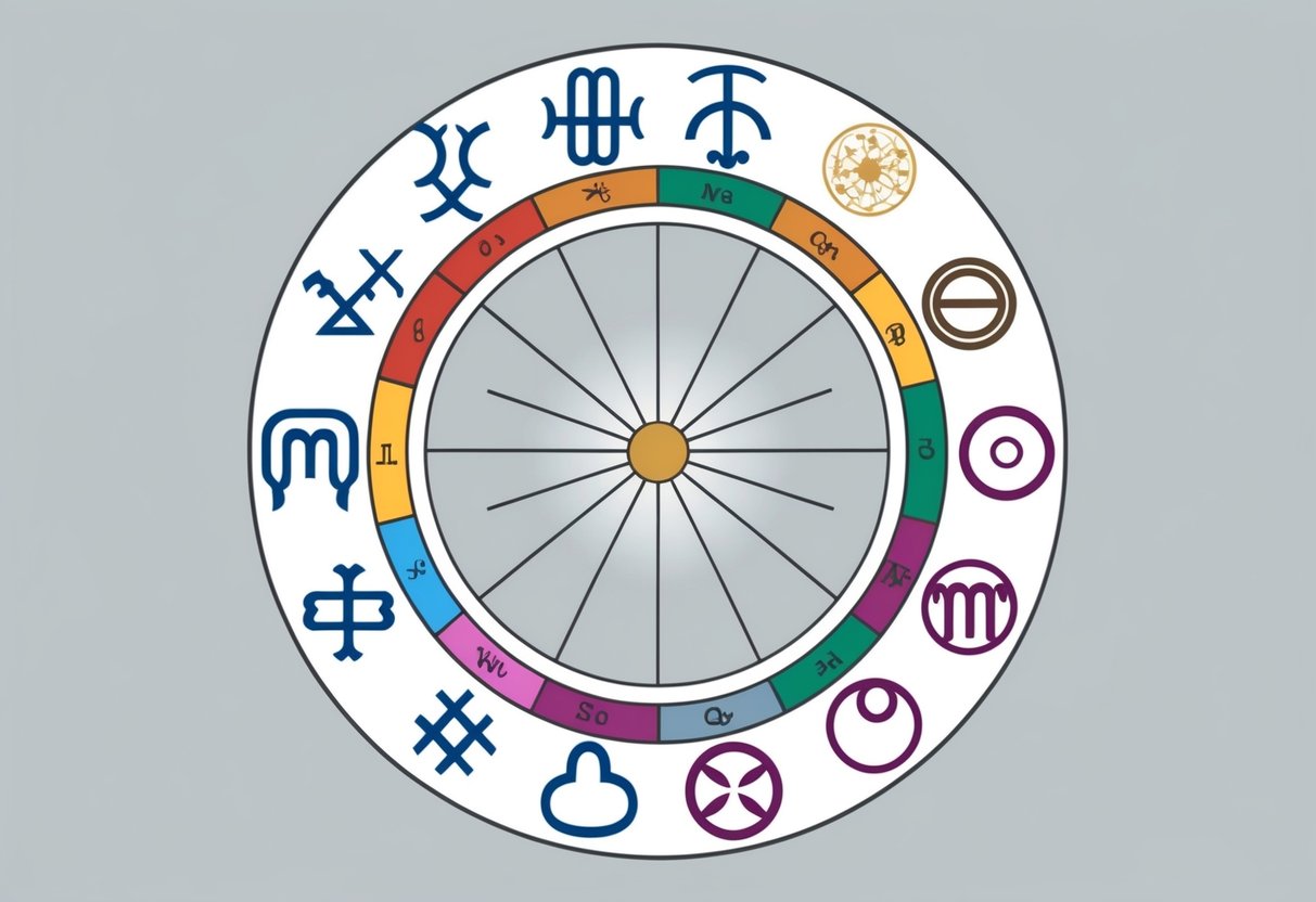 A circle of zodiac symbols arranged in a wheel, with lines connecting compatible signs and colors representing different elements