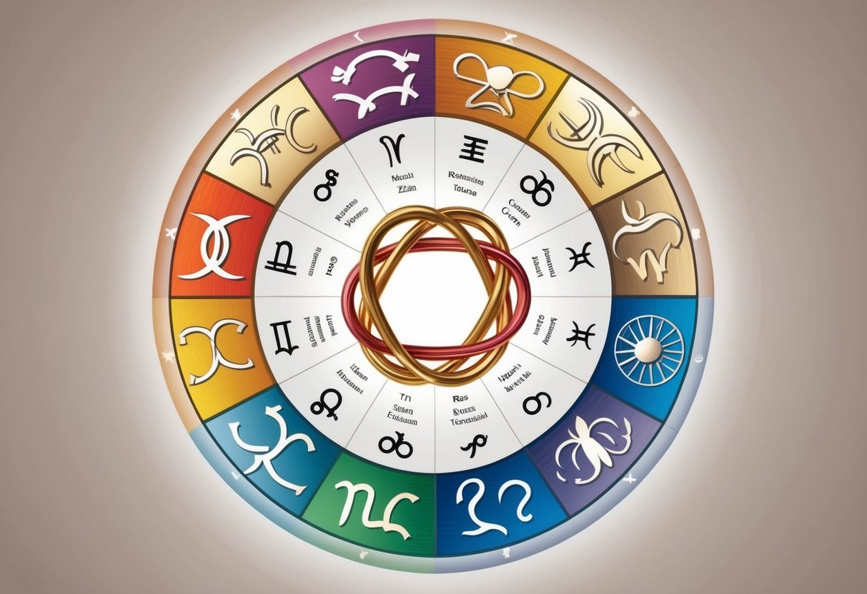 A circle of zodiac symbols intertwining with one another, representing the compatibilities in various types of relationships