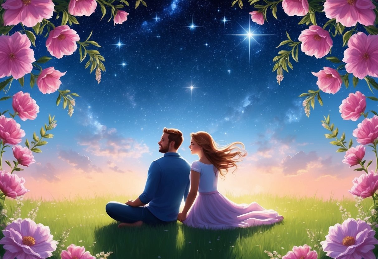 A couple sits under a starry sky, holding hands, surrounded by blooming flowers and a gentle breeze