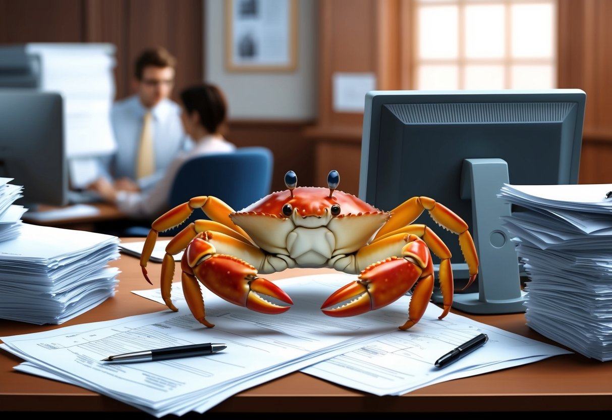 A crab in a bustling office, surrounded by paperwork and a computer. The crab appears determined and focused on its work