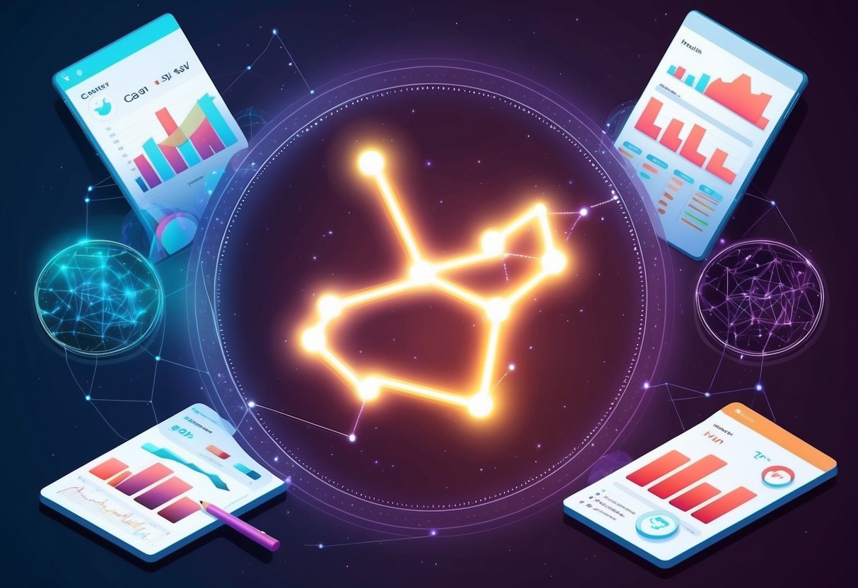 A glowing constellation of cancer zodiac symbol surrounded by financial charts and insights