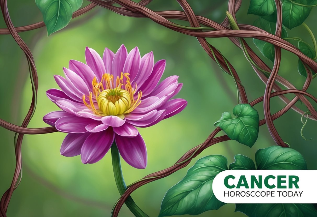 A blooming flower emerging from a tangled vine, symbolizing personal growth for Cancer horoscope today