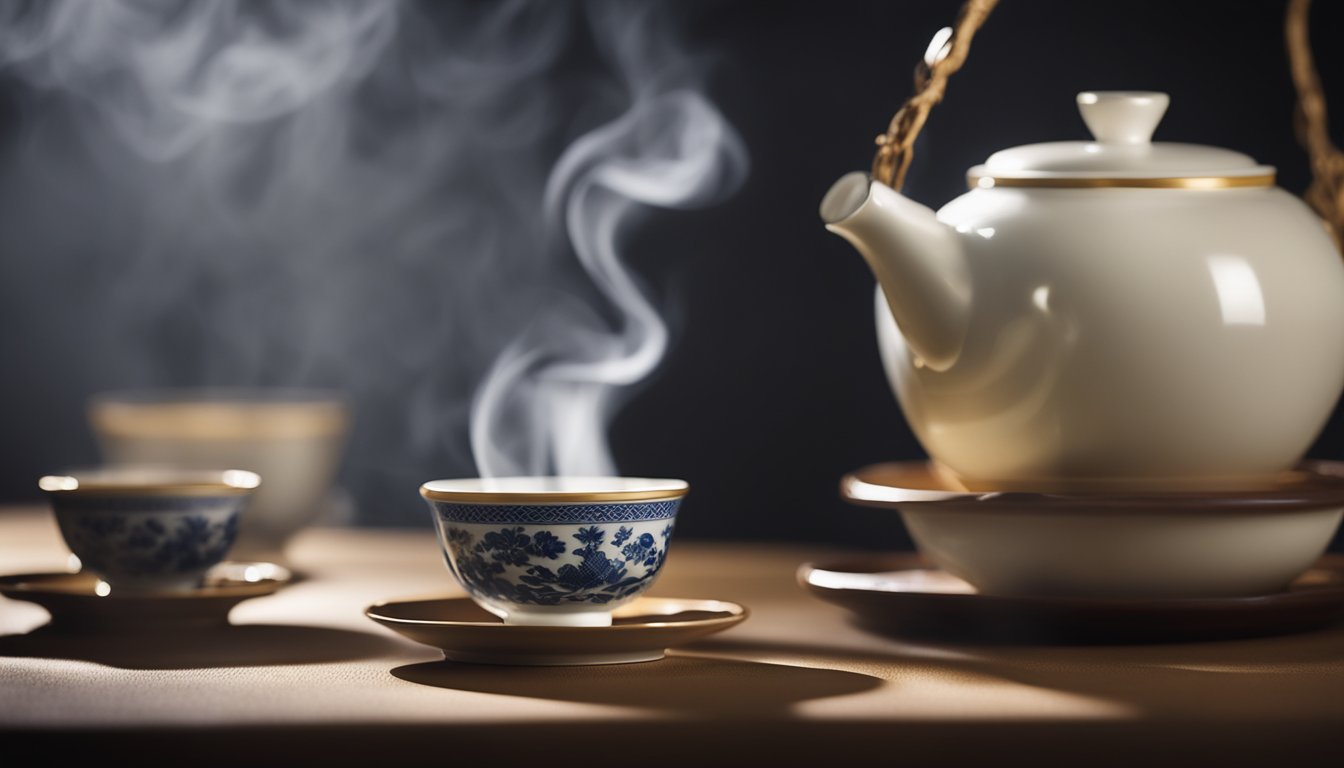 Steaming Oolong tea in gaiwan, with golden-brown caffeine vapor, captures traditional Chinese tea culture