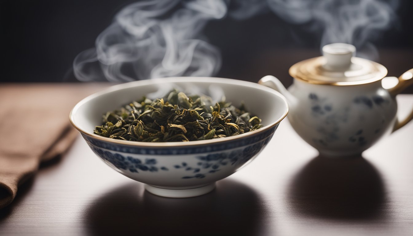 Steaming Oolong tea leaves in an elegant gaiwan, with aromatic steam and golden-brown caffeine vapor, capturing traditional tea culture