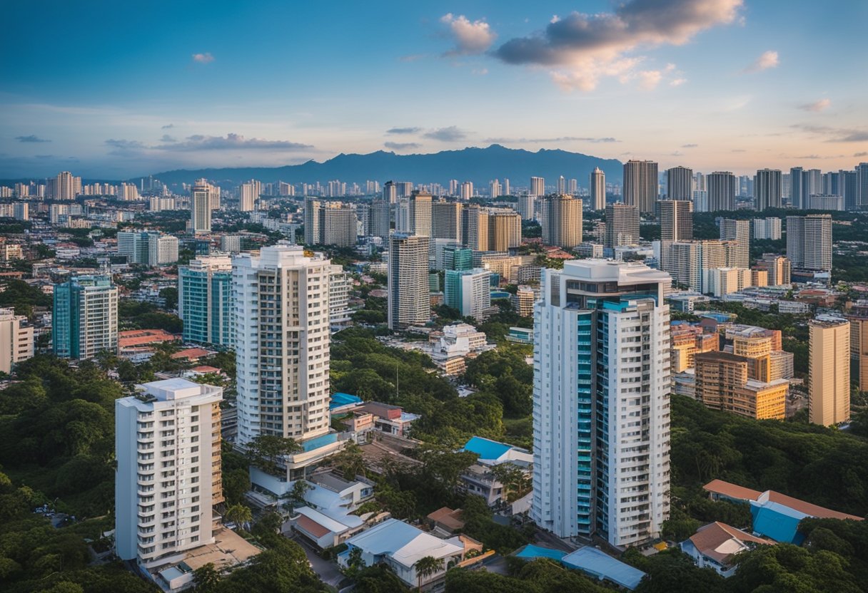 A bustling Cebu cityscape with modern high-rise buildings, bustling streets, and vibrant neighborhoods, showcasing the dynamic real estate market trends of 2025