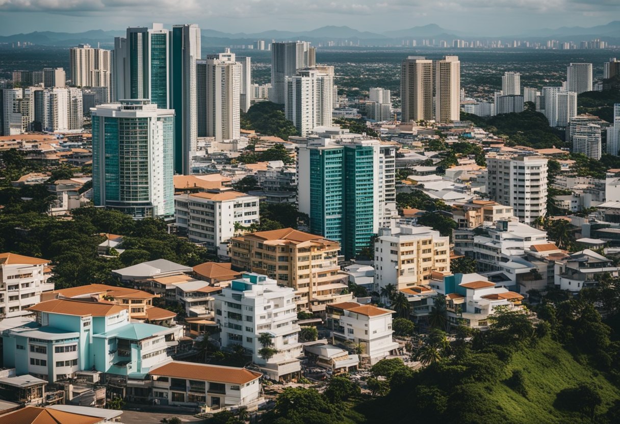 A bustling cityscape in Cebu, showcasing modern high-rise buildings, bustling streets, and vibrant infrastructure developments