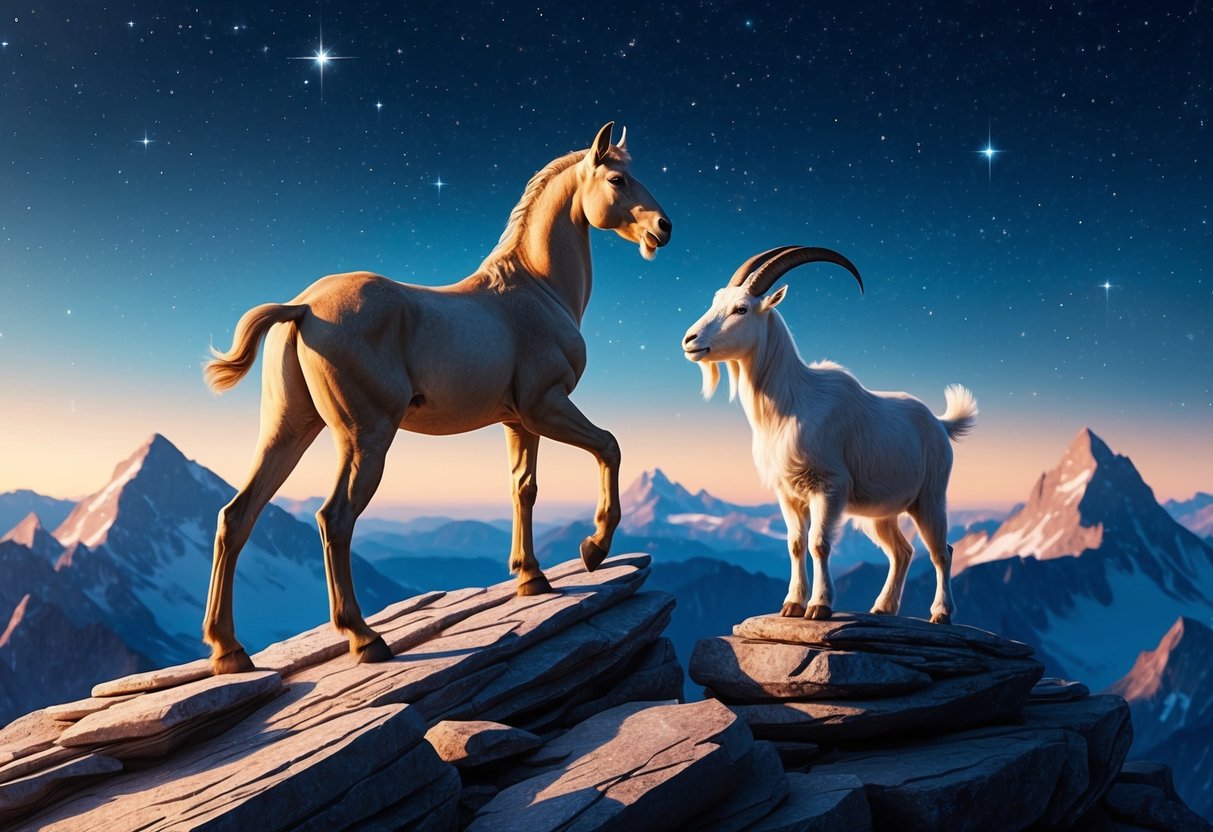 A centaur and a mountain goat stand atop a rocky peak, gazing at the stars