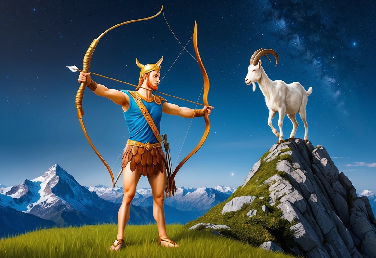 A centaur with a bow and arrow stands under a starry sky, while a goat with curved horns climbs a mountain peak