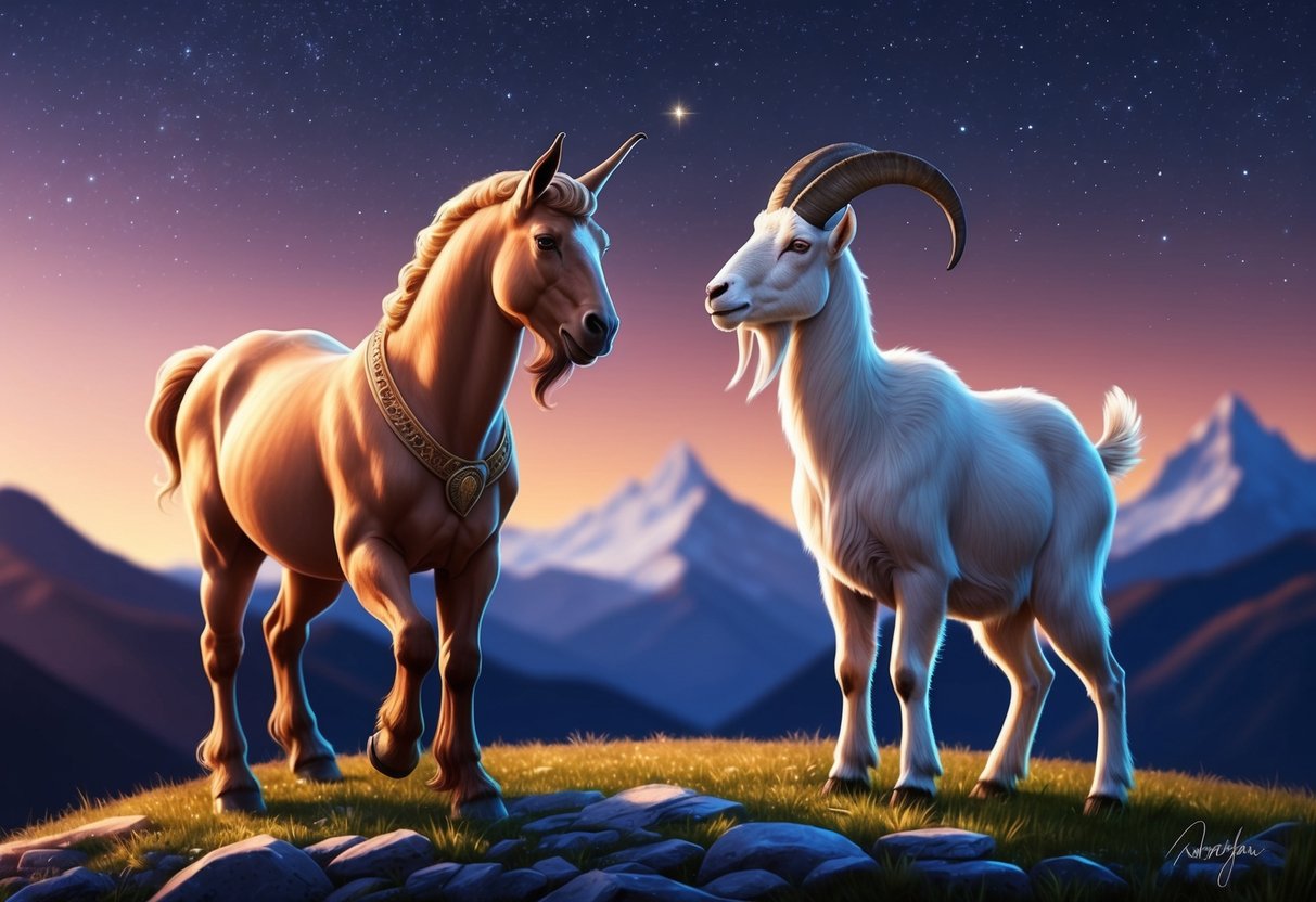 A centaur and a mountain goat stand together, gazing at the stars