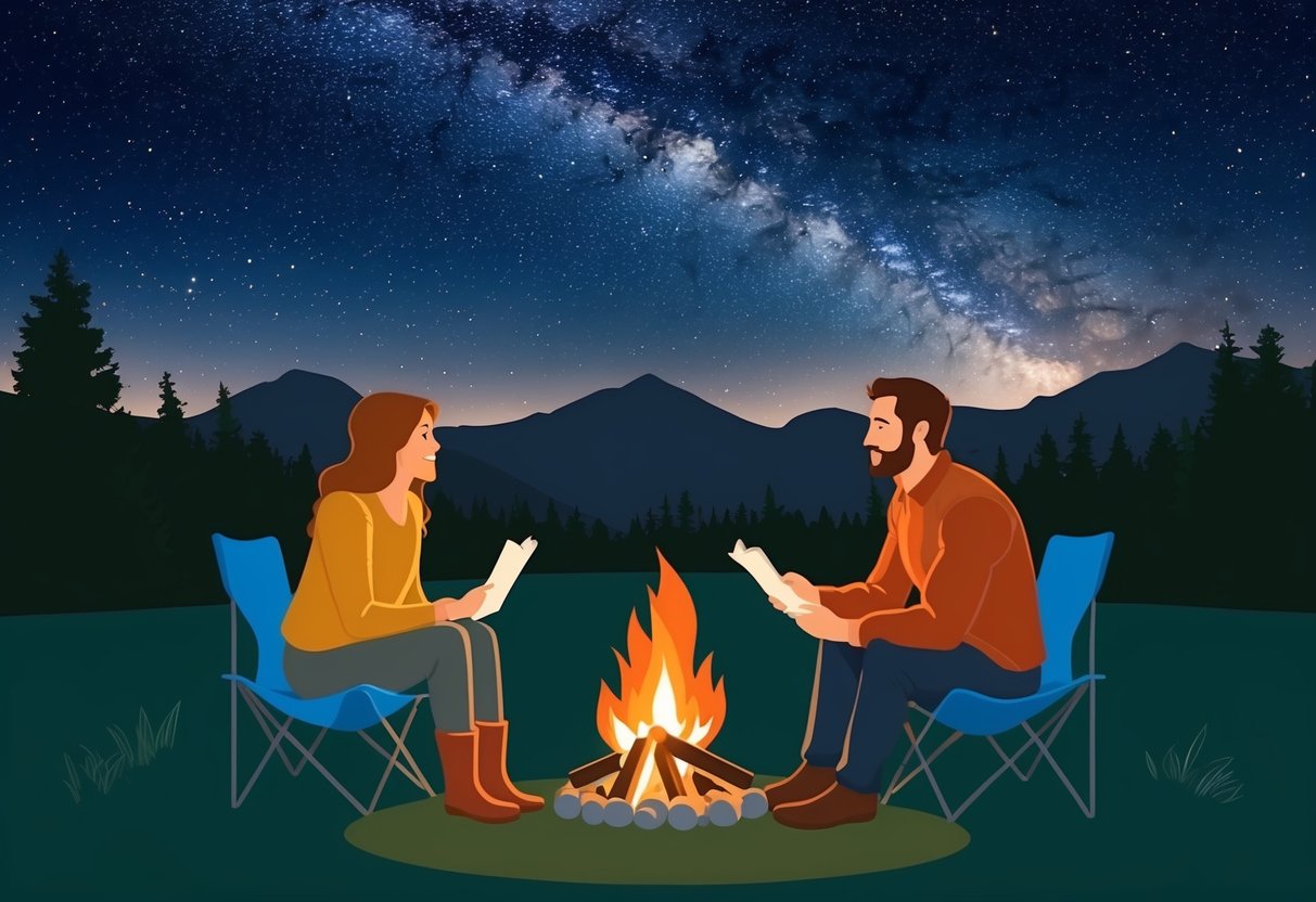 A Sagittarius and Capricorn sit by a crackling campfire, sharing stories under the starry night sky