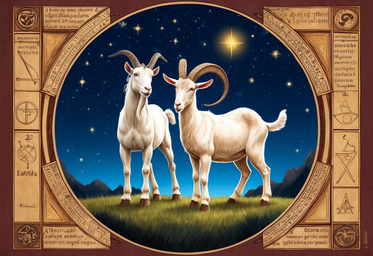 A centaur and a goat standing together under a starry sky, surrounded by ancient symbols and philosophical texts