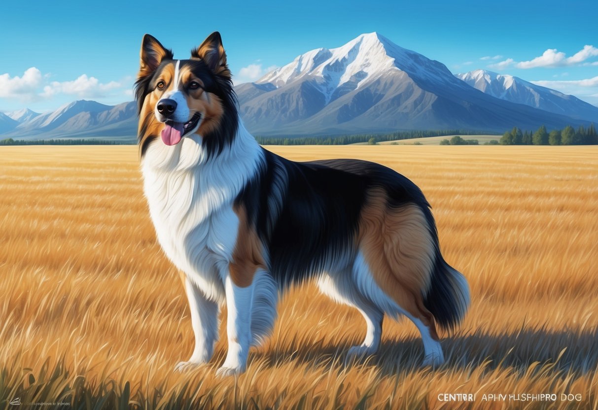 A Central Asian Shepherd Dog standing proudly in a vast open field, with a mountainous backdrop and a clear blue sky overhead