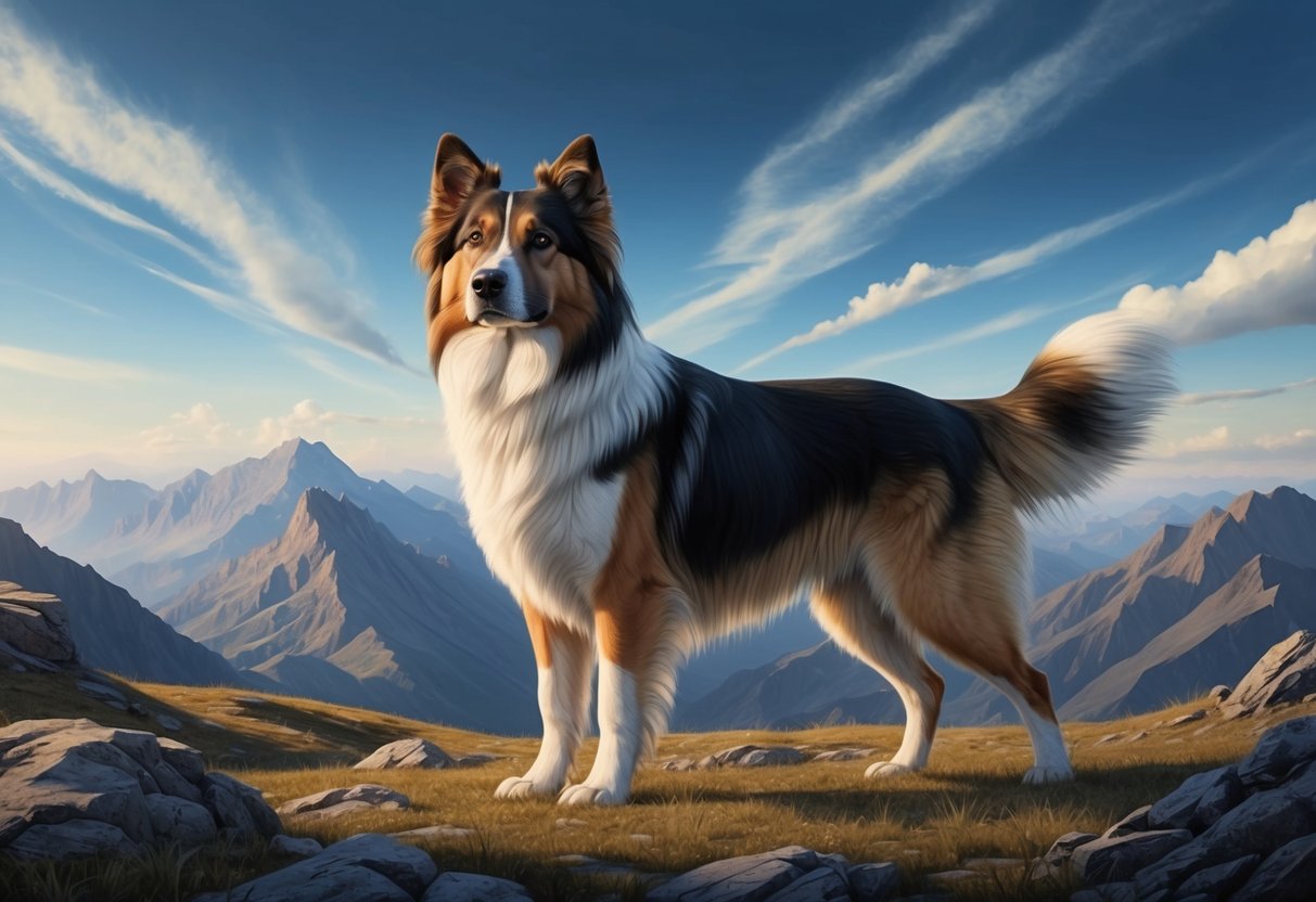 A Central Asian Shepherd Dog stands proudly in a rugged mountain landscape, with a vast, open sky above and a sense of ancient, stoic wisdom in its expression