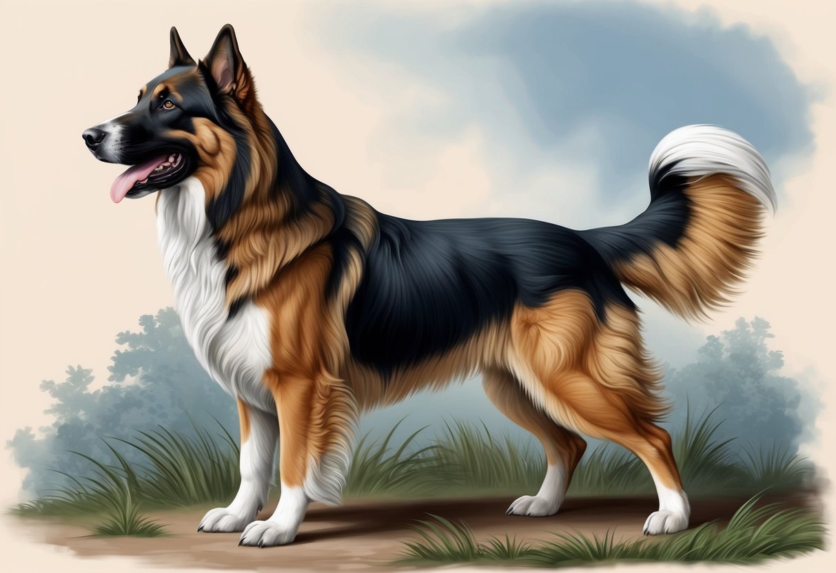 A Central Asian Shepherd Dog stands tall and powerful, with a thick double coat, strong build, and a large head with drop ears