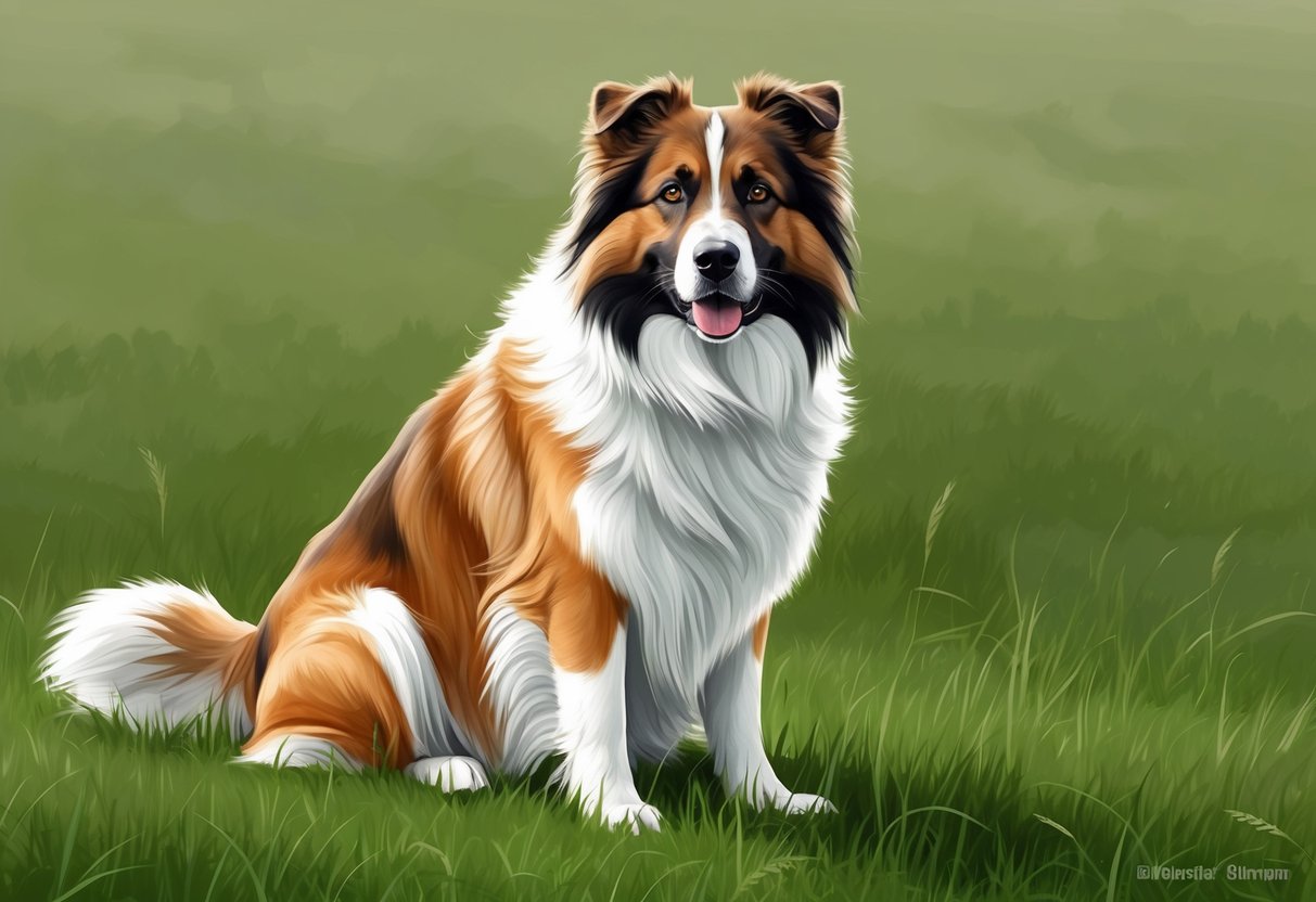 A Central Asian Shepherd Dog sits alertly in a grassy field, with a gentle breeze ruffling its thick fur. The dog's expression is calm and confident, exuding an air of strength and protection