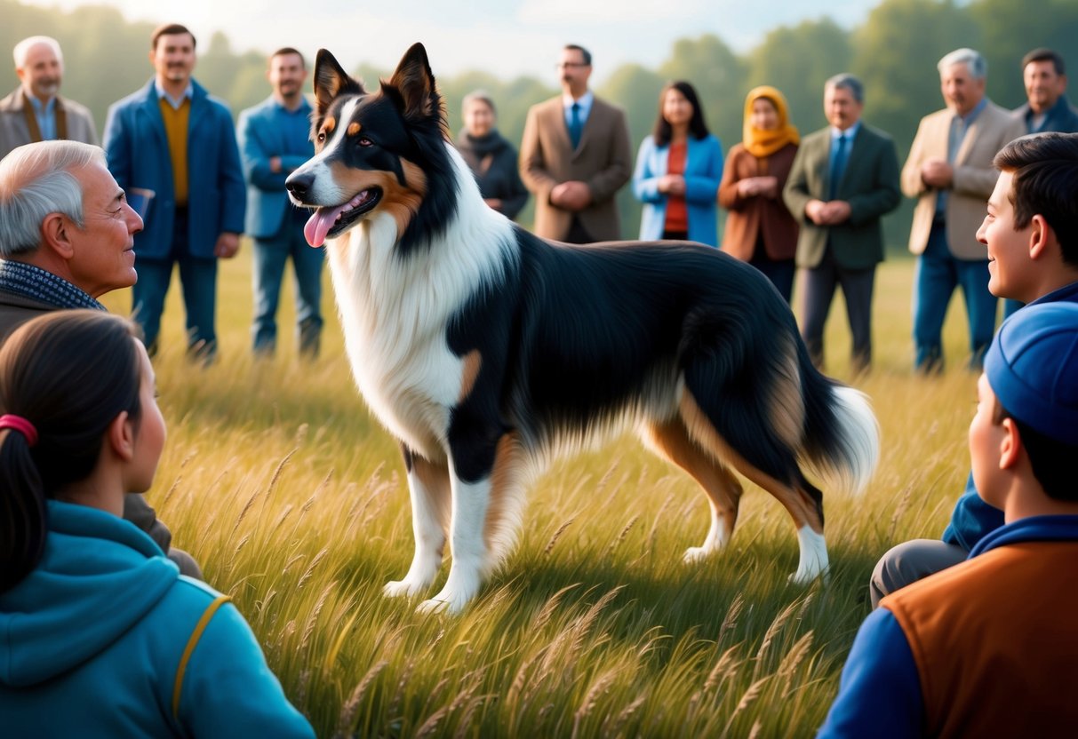 A Central Asian Shepherd Dog stands proudly in a field, surrounded by a group of admiring onlookers