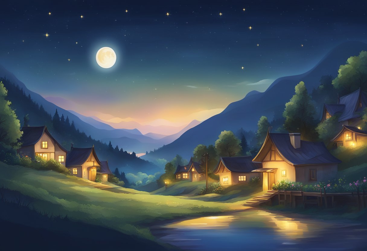 A peaceful night scene with a crescent moon shining down on a sleeping village, surrounded by tranquil nature