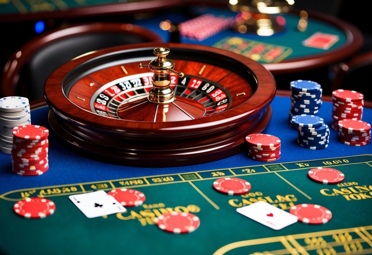 A vibrant casino table with roulette wheel, poker chips, and playing cards