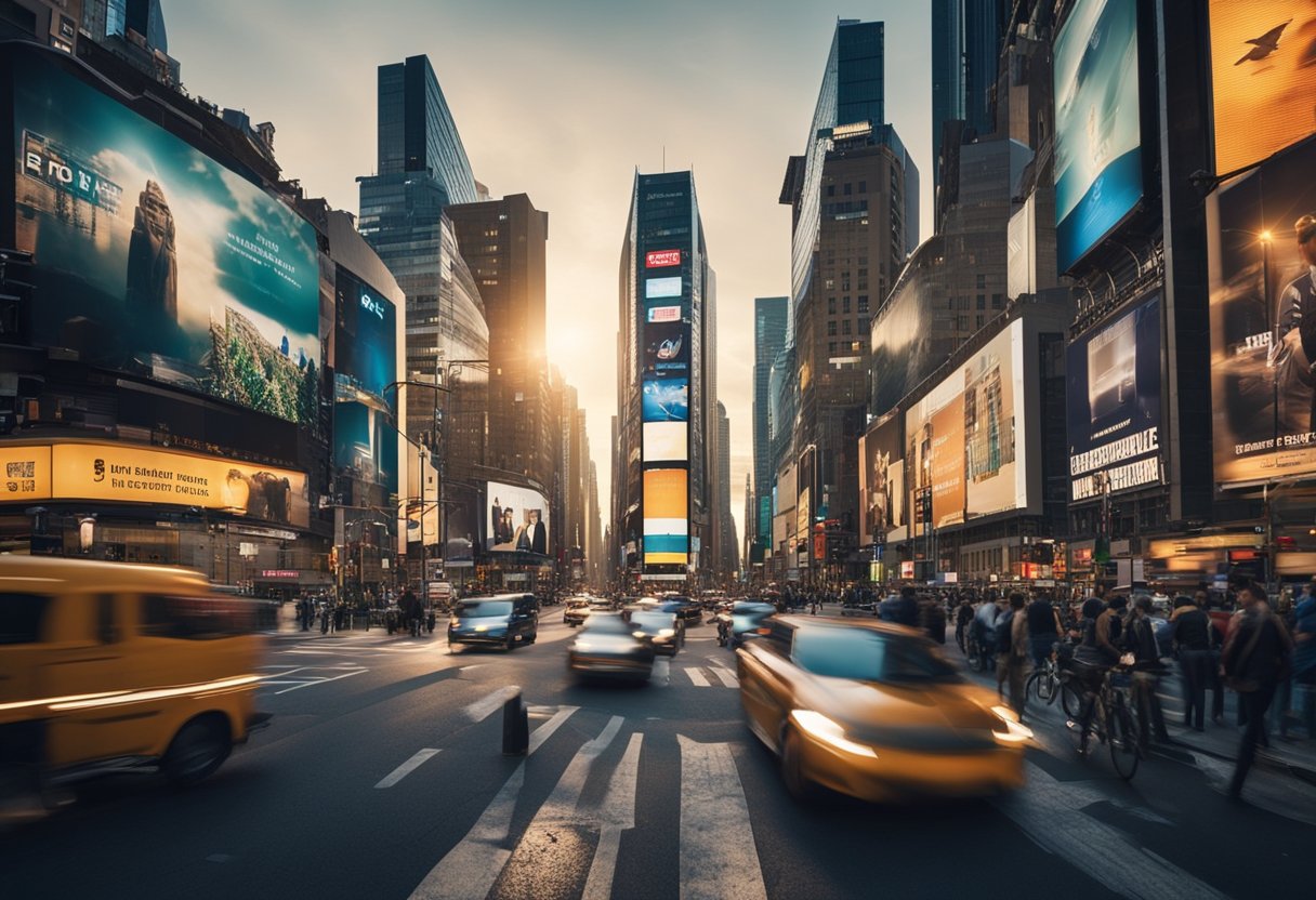 A bustling city street with cars and pedestrians, featuring a prominent billboard advertising TrafficZest. Bright lights and vibrant colors convey a sense of excitement and opportunity