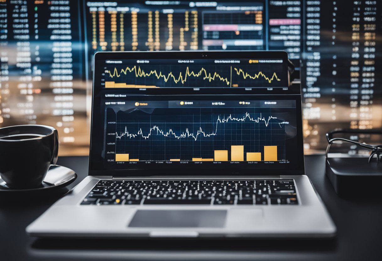 A laptop open on a desk, with graphs and charts displaying website traffic and revenue from TrafficZest. A person's hand hovers over the mouse, ready to click