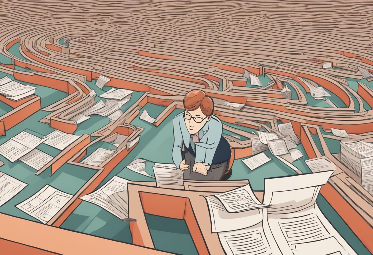 A person navigating a maze of bureaucratic paperwork and red tape to apply for CPP Disability benefits