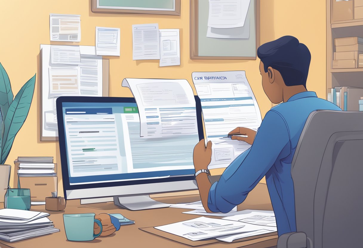 A person filling out paperwork at a cluttered desk, with a stack of forms and a computer screen displaying the CPP Disability application website