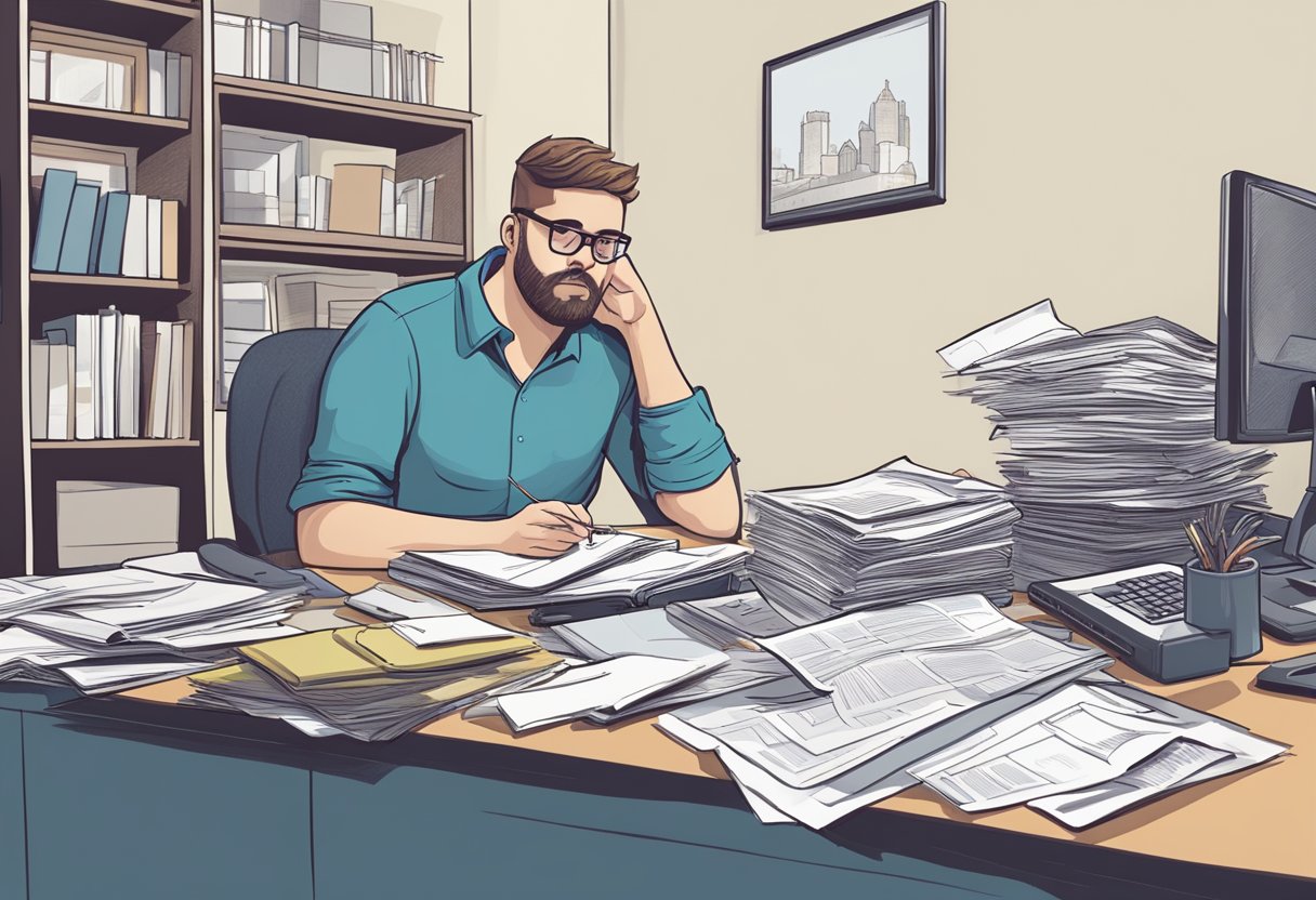 A person sitting at a cluttered desk, surrounded by paperwork and looking frustrated while trying to navigate the complex process of qualifying for CPP Disability