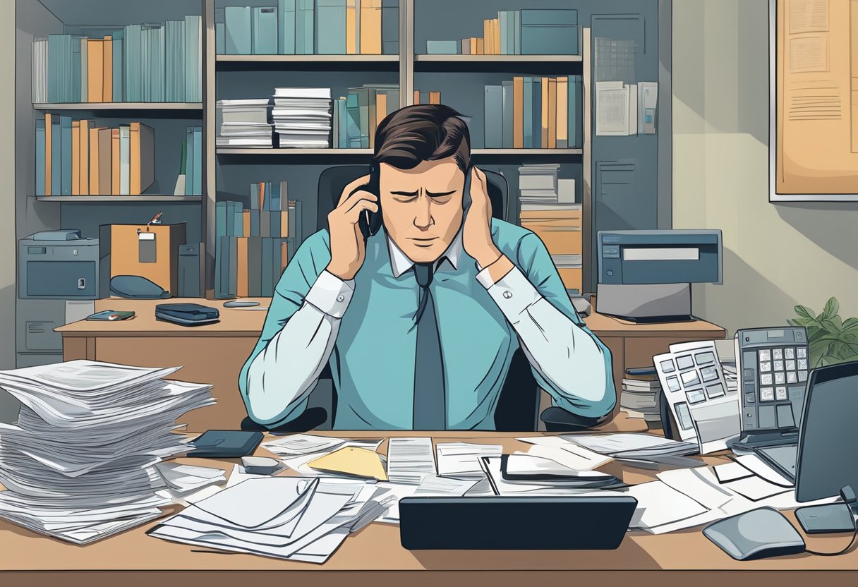 A person sitting at a desk, surrounded by paperwork and a computer, with a frustrated expression while on the phone with a government agency