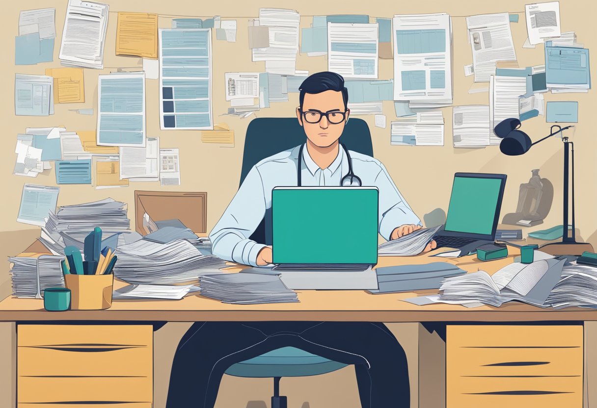 A person sitting at a cluttered desk, surrounded by paperwork, medical records, and a computer screen showing a government website. A sense of frustration and confusion is evident