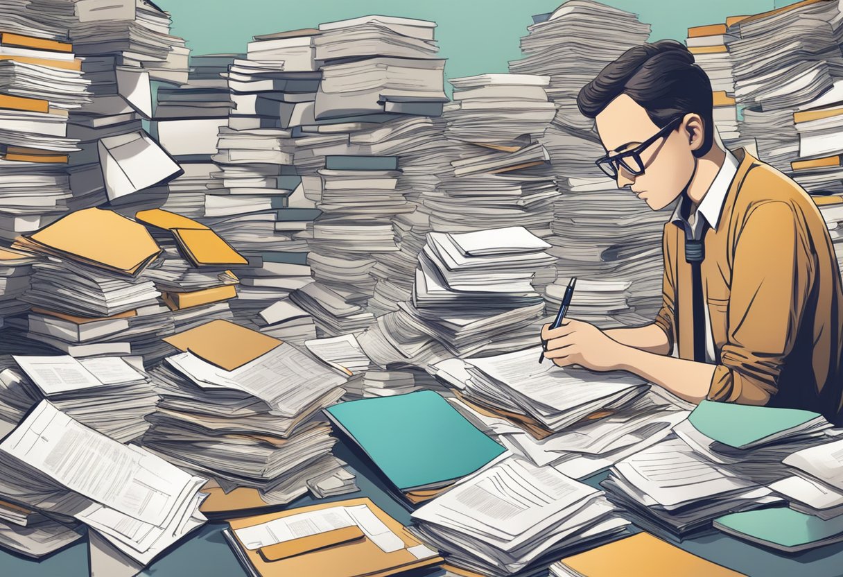 A person filling out complicated forms surrounded by piles of paperwork and reference materials