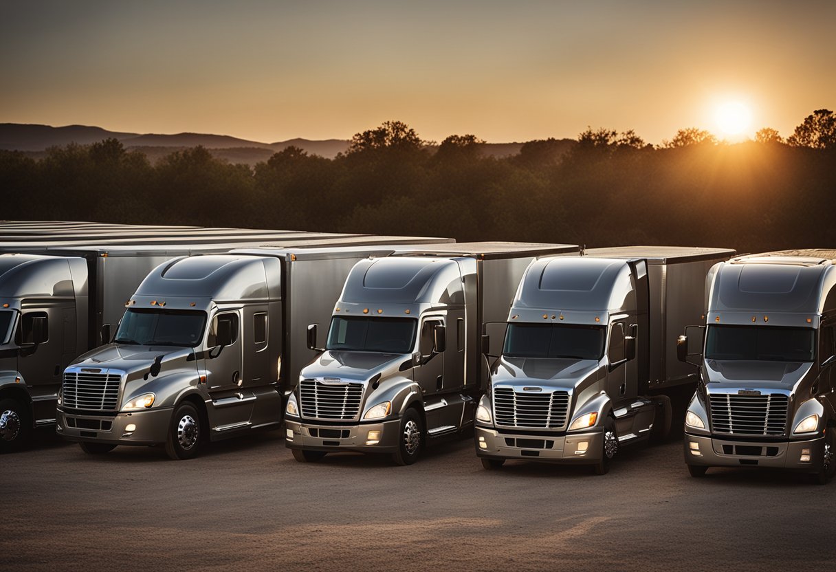 A shiny Freightliner truck parked on a gravel lot, surrounded by other trucks. The sun is setting, casting a warm glow on the vehicle