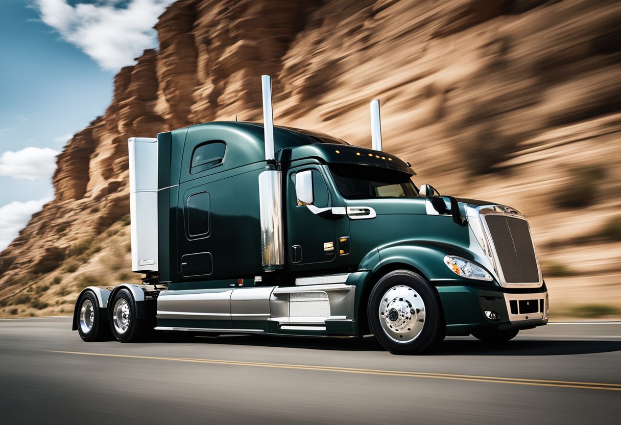 A sleek Freightliner semi truck with a powerful engine, exuding strength and reliability on a long, open highway