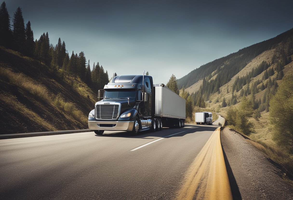 A Freightliner semi truck hauling a heavy load up a steep incline, demonstrating its powerful torque