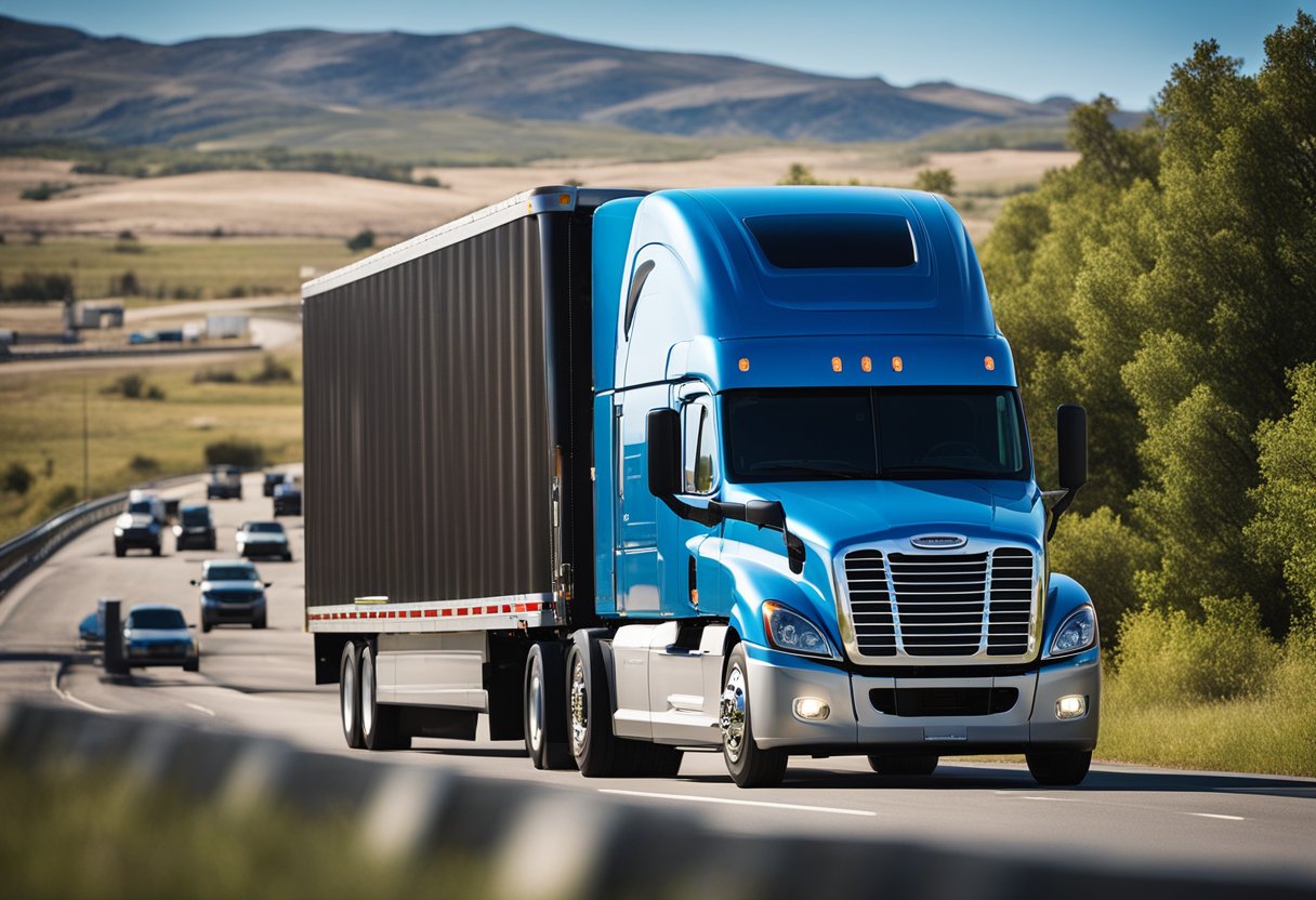 A Freightliner semi truck with a powerful engine driving confidently on a highway, with a backdrop of industrial landscape and clear blue skies