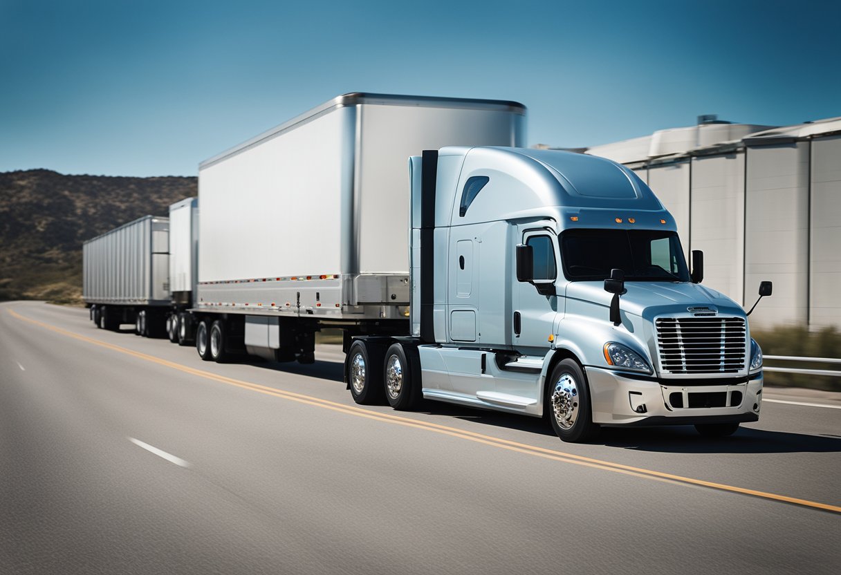 A well-maintained Freightliner semi truck engine running smoothly on a long stretch of highway, with a backdrop of industrial buildings and a clear blue sky