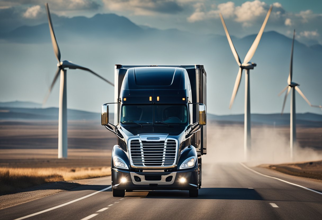 A sleek Freightliner semi truck cruising down a long, open highway with wind turbines in the background, showcasing its fuel efficiency