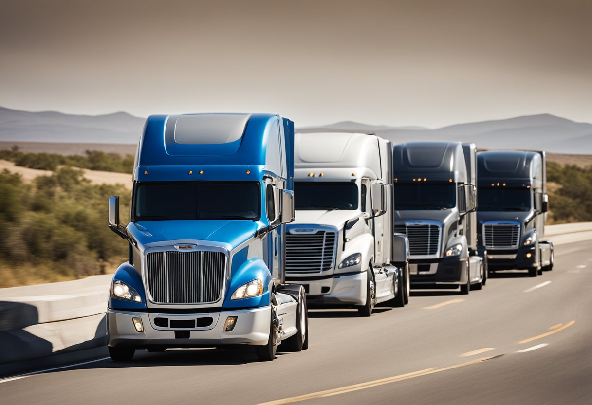 A line of sleek Freightliner semi trucks driving confidently along a wide, open highway under a clear blue sky